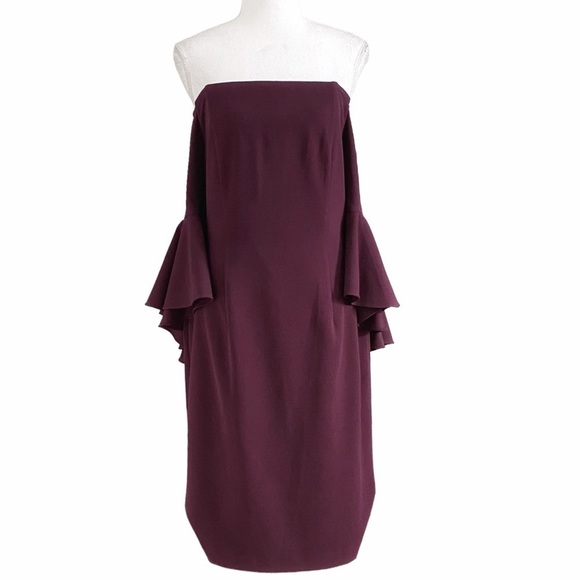 Calvin KLEIN PLUM OFF THE SHOULDER BELL FLUTTER SLEEVE MIDI SHEATH DRESS - 10 - Picture 2 of 10